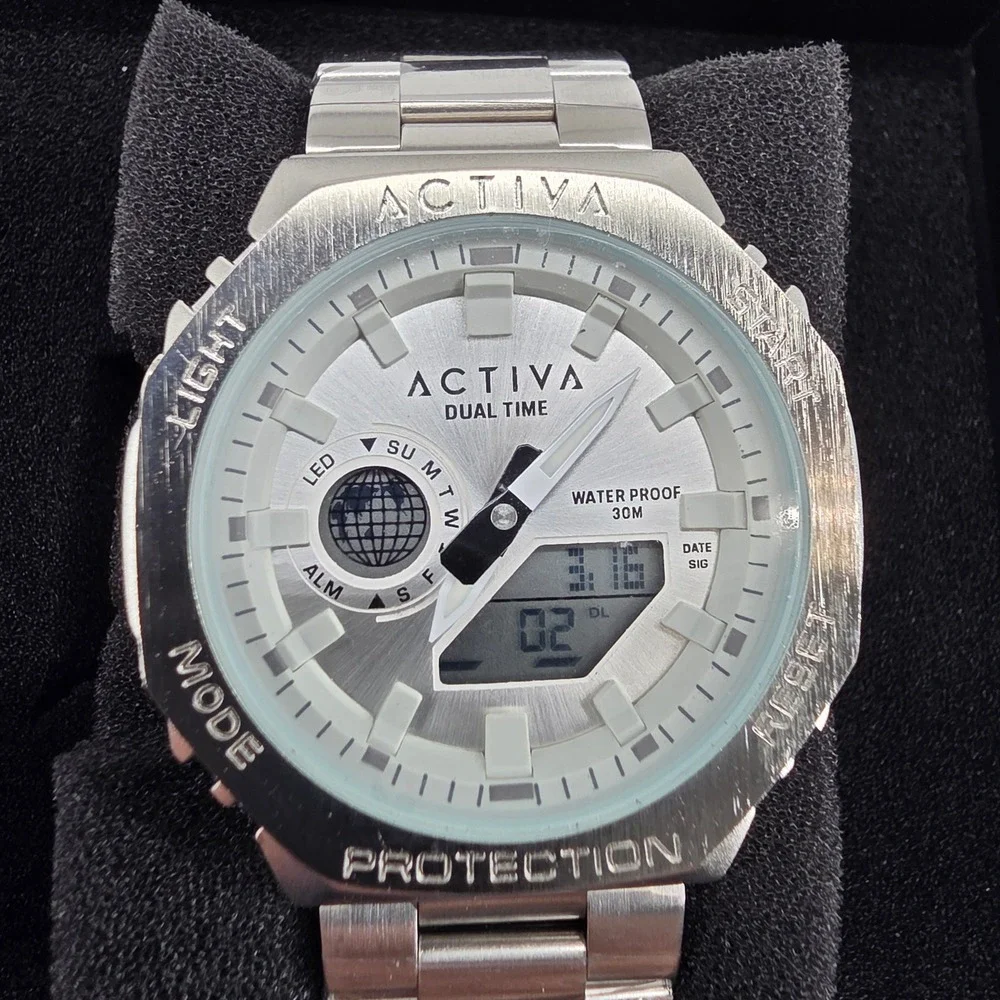 Invicta Activa Dual Time Mens Watch Silver Octagon Case Stainless Steel 40049